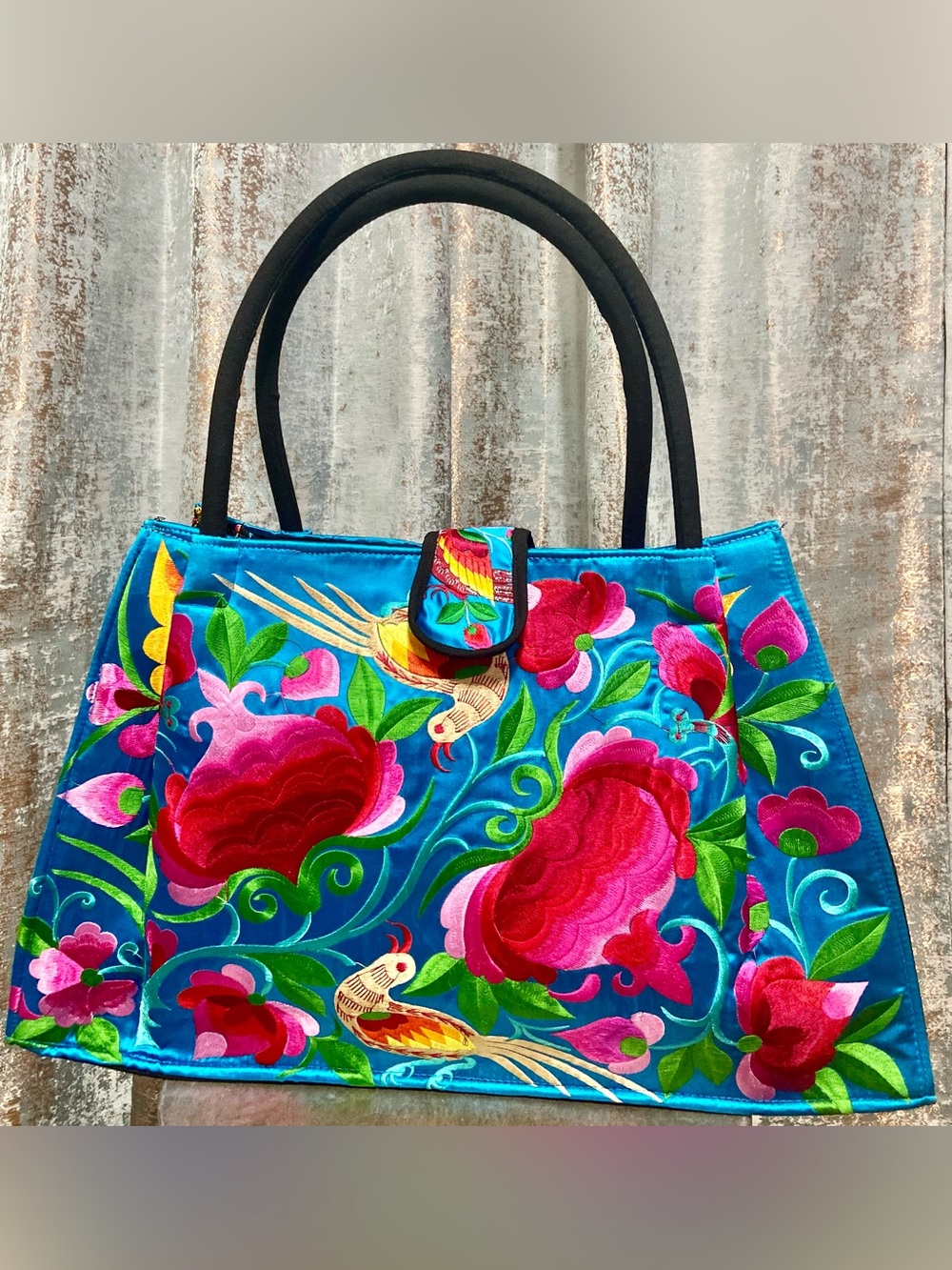 Vibrant Turquoise Embroidered Tote Bag with Multicolored Floral & Bird Motif